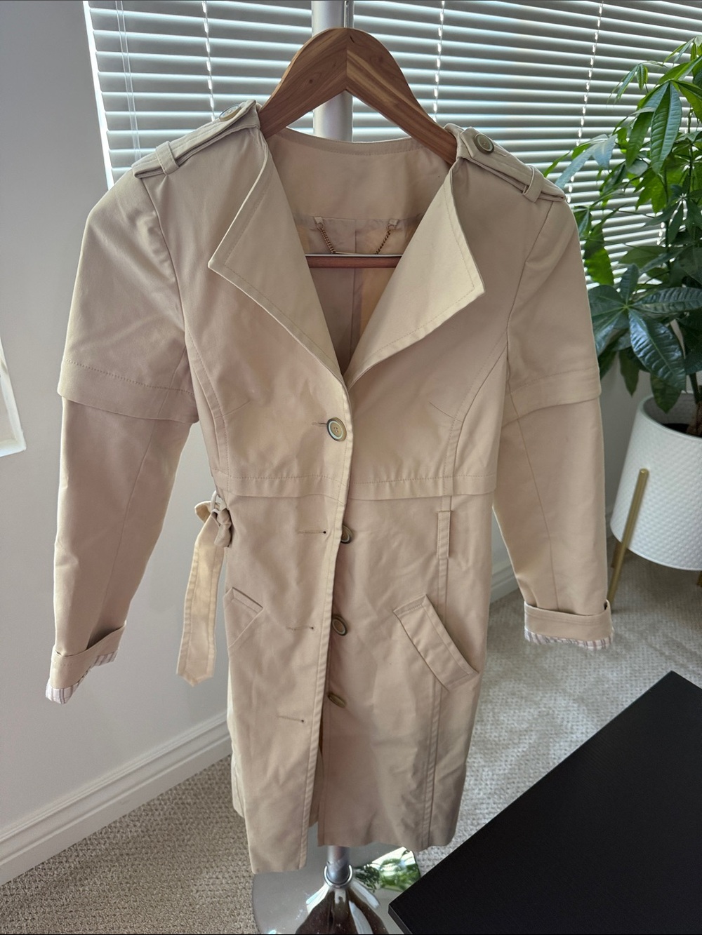 Women's Light Beige Trench Coat with Waist Tie